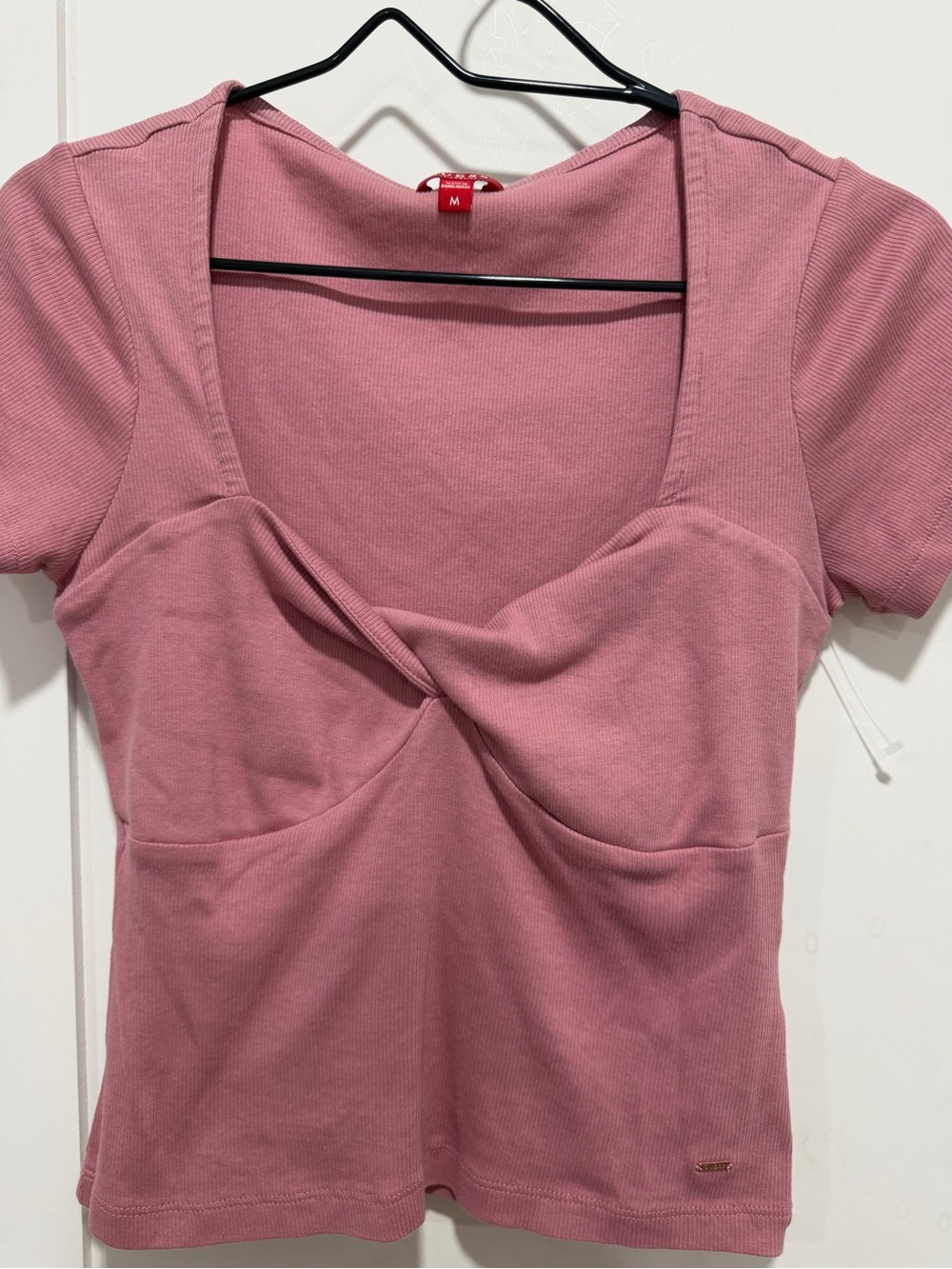 Guess Rose Pink Twist-Front Short Sleeve Top